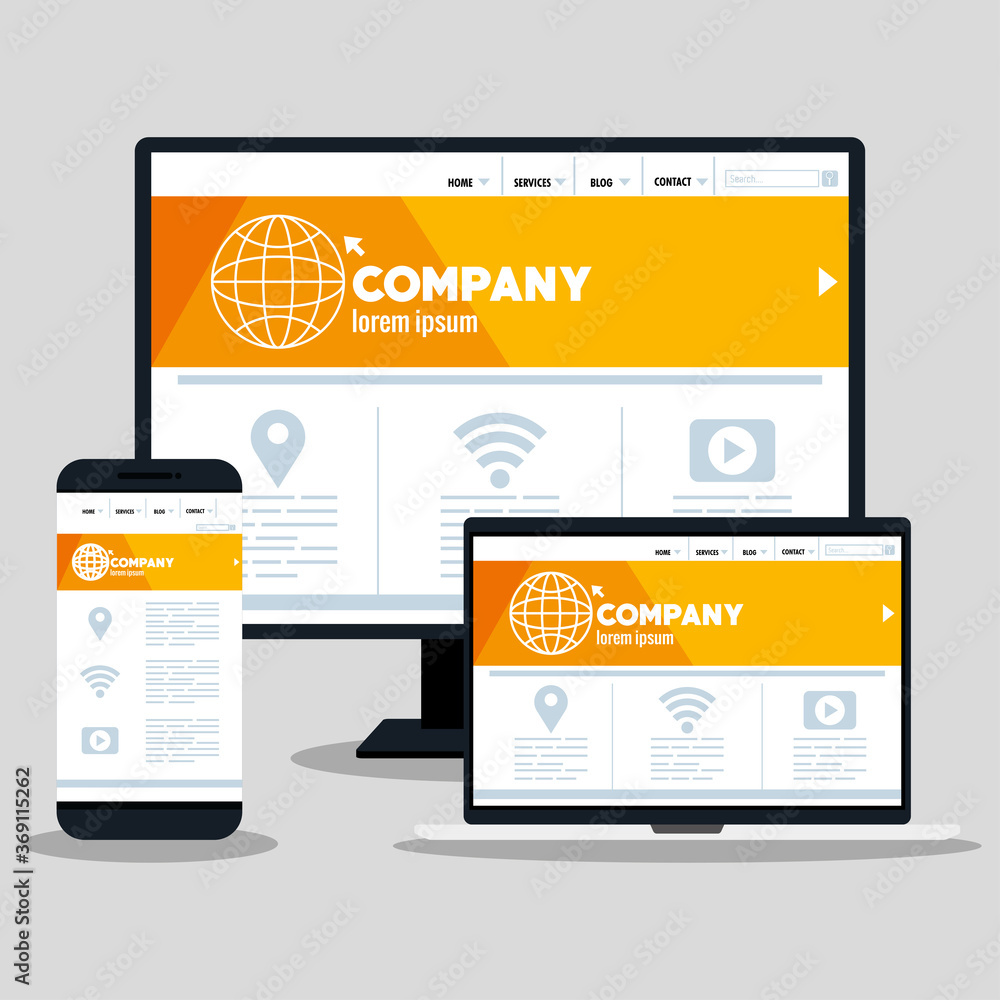 Poster mockup responsive web, concept website development in desktop computer, smartphone and laptop