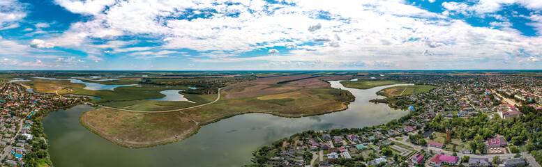 floodplain meadows in the floodplain of the flat Beysug River with many islands at the confluence...