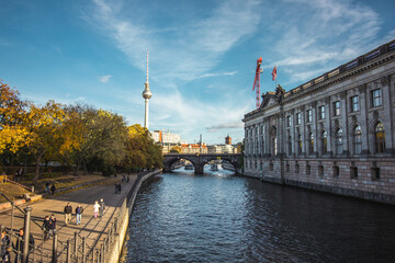 Beautiful riverside view on the Bode museum in Berlin city.