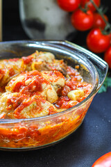 chicken meat tomato sauce chakhokhbili piece of vegetables chunk fried chashushuli second course food background top view copy space for text eating healthy