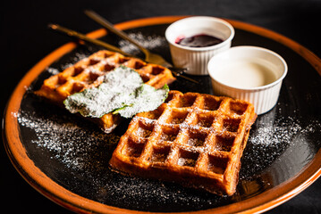 belgian waffles with dips and sauce