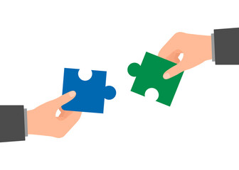 People assembling piece puzzle. Coworking and business partnership man together concept. Team metaphor. Symbol of teamwork, cooperation, partnership, team building. Vector