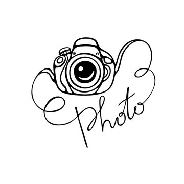 Photo camera with lettering - photo. Vector illustration. Doodle drawing isolated on white background.