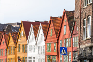Famous Bryggen street with wooden colored houses in Bergen, Norway, UNESCO world heritage site.