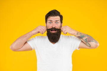Handsome man mustache twirl barbershop services, cheerful guy concept