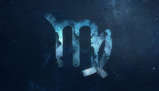 Virgo zodiac sign on starry night sky. Collection of astrology symbols. Photo collage