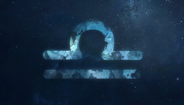 Libra zodiac sign on starry night sky. Collection of astrology symbols. Photo collage