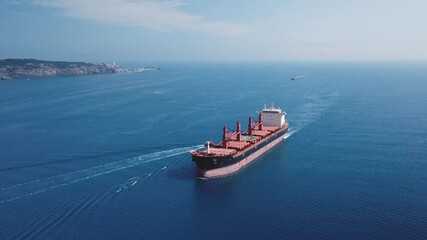 Aerial a cargo ship sailing northbound on Straits Bosporus. A bulk carrier or bulker is a merchant ship specially designed to transport unpackaged bulk cargo, such as grains, ore, coal or timber
