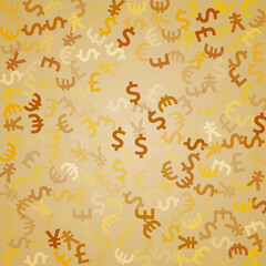 Euro dollar pound yen golden signs scatter money vector design. Economy backdrop. Currency icons 