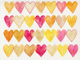 Pink and yellow watercolor hearts