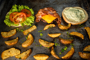 Tasty burger on rustic background