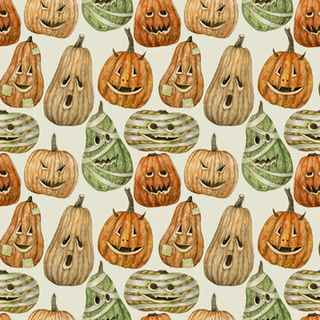 Seamless watercolor Halloween pumpkin background