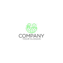 Home logo and leaf flower in eco ecology nature concept on rounded logo design illustration vector. Fresh home logo