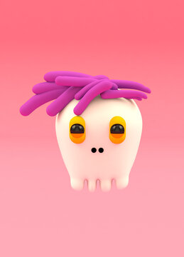 A little ghost with pink hair on pink background