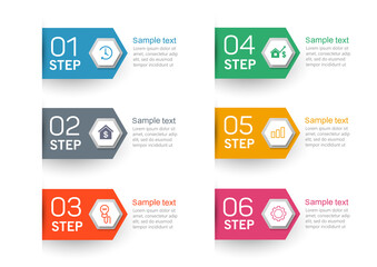 Infographic design template. Creative concept with 6 steps. Can be used for workflow layout, diagram, banner, webdesign. Vector illustration