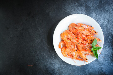 shrimp cooked seafood ready to eat prawn serving size snack. food background top view copy space healthy eating raw pescetarian 