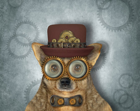 The beige steampunk dog is in a hat, a metal bow tie and glasses. Blue background.