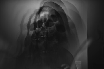 Prismatic images of a woman dressed as a skeleton for halloween