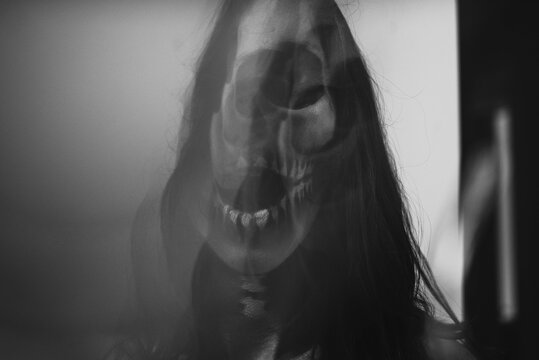 Prismatic images of a woman dressed as a skeleton for halloween