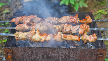A ready shish kebab from pork on the grill