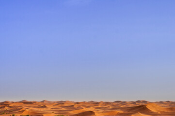 Naklejka premium Sand dunes in the Sahara / Sand dunes to the horizon in the Sahara, Morocco, Africa.