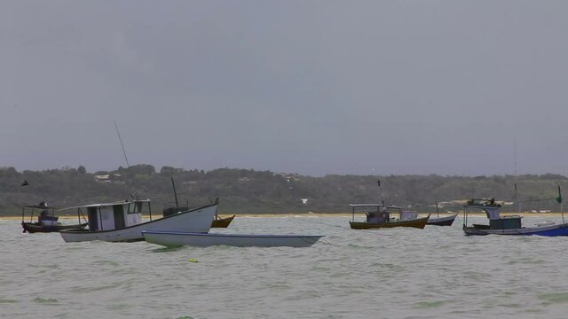 Artisanal fishing boats anchored on Coroa Vermelha beach, background with beach and vegetation sea with ripples, sky with clouds