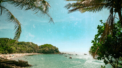 Fototapeta na wymiar Sun, sea, summer. The image is stylized as a film photo.