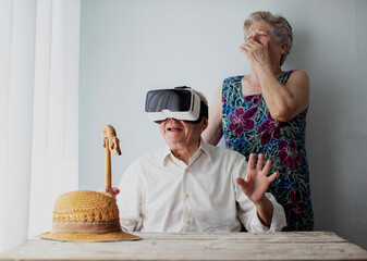 Senior couple using virtual reality glasses