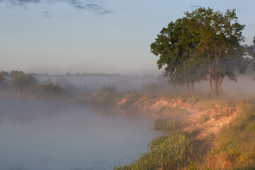 River in morning covered with fog