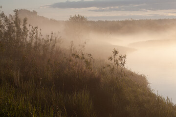 River in morning covered with fog