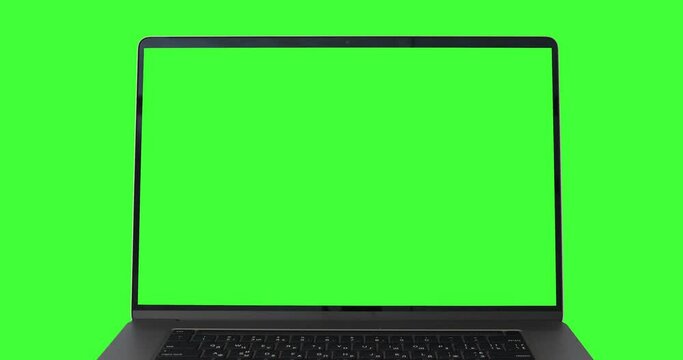 Dolly shot of the MacBook Pro 16 inch model Laptop mockup with green screen, front view, isolated on keyed chromakey. Empty space for your advertising. Perfect for your content