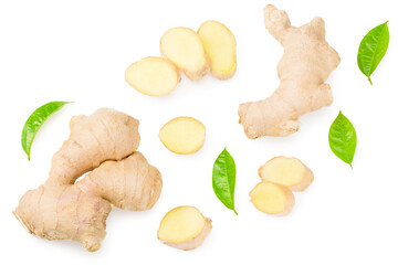 Fototapeta premium ginger roots with slices and green leaves isolated on white background. Top view