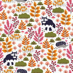 Seamless forest pattern with cute 
raccoons and hedgehogs, mushrooms, berries and autumn leaves. Fall background. Vector wallpaper.