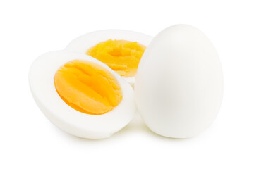 Single whole boiled egg with halved egg isolated on a white background