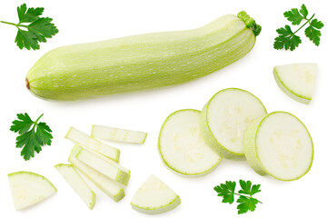 fresh green zucchini or marrow with slices and parsley isolated on white background. Top view