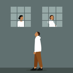 Male character looks at female characters behind bars
