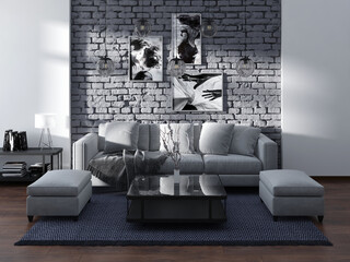 Loft style interior, brick wall. Interior in gray.