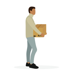 Male character with a closed cardboard box in hands on a white background