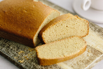Scandi Spiced Cake (vegan) sliced on board