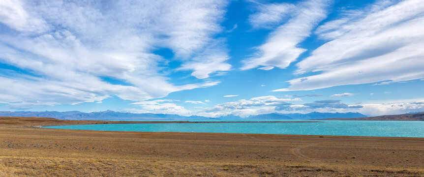 View to turquoise lake in desert