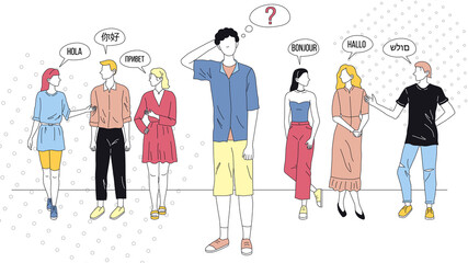 Concept Of Greetings. Characters Saying Hello In Different Languages. Greeting People Waving Hands And Gesturing. Foreign Phrases From Native Speakers. Cartoon Linear Outline Flat Vector Illustration © Intpro