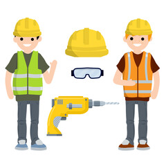Clothing and tools of worker and Builder. Orange uniform, gloves, drill, goggles and helmet. industrial safety. Kit items and objects. Type of profession. Cartoon flat illustration