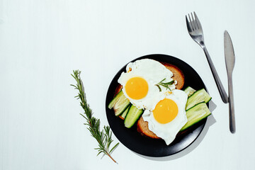 Fried eggs on the plate, healthy breakfast and proper nutrition