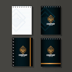 corporate identity brand mockup, notebooks black, mockup with golden sign