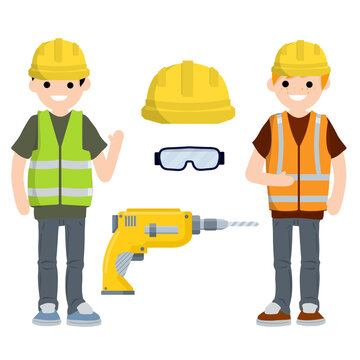 Clothing and tools of worker and Builder. Orange uniform, gloves, drill, goggles and helmet. industrial safety. Kit items and objects. Type of profession. Cartoon flat illustration