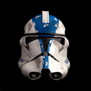 BLOOMFIELD, NJ - MARCH 20, 2016: Studio image of a Star Wars Phase II Clone 501st Legion 'Vader's Fist' helmet on black background. 