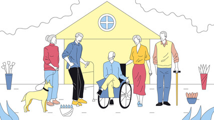 Concept Of Elderly People Care. Group Of Elderly People In Wheelchair And With Walkers, With Family Or Guardians At Nursing Home On Background. Cartoon Linear Outline Flat Style. Vector Illustration