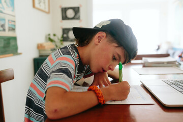 boy does schoolwork at home