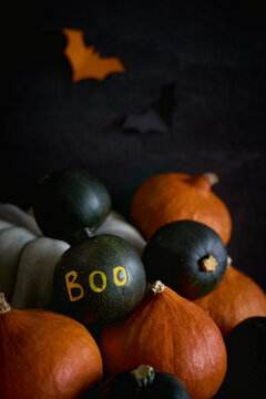 Simple halloween decor with pumpkin squashes