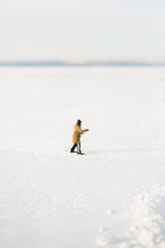 Skier moving on the frozen river